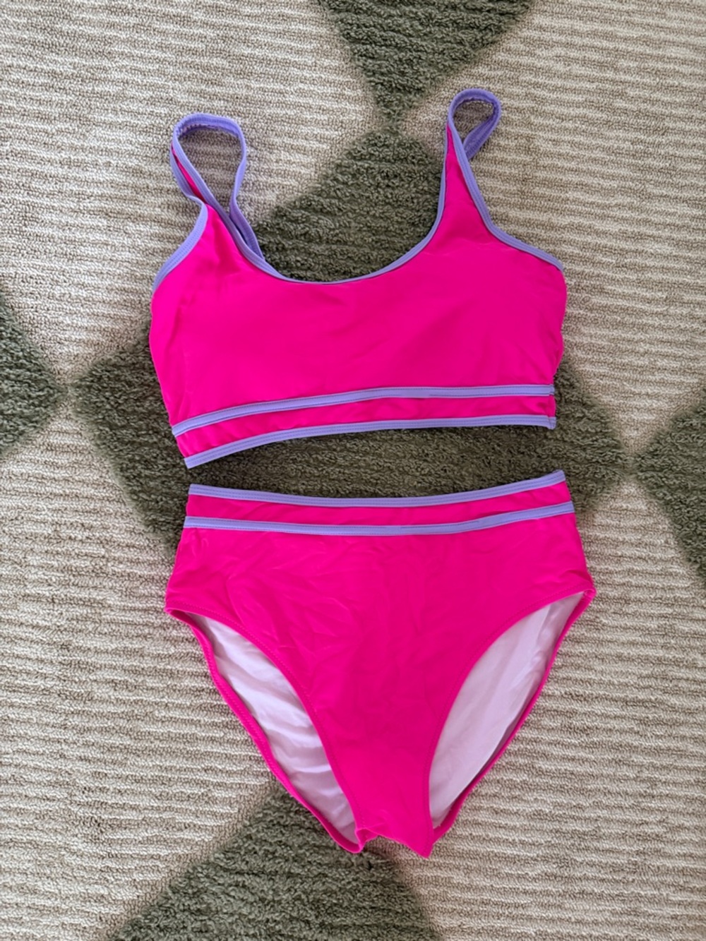High-Waist Two-Piece Swim Bikini in Hot Pink with Lavender Trim